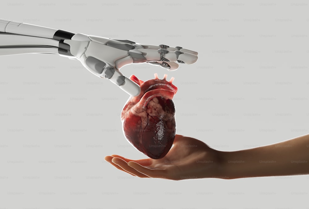 a robotic hand holding a heart in it's palm