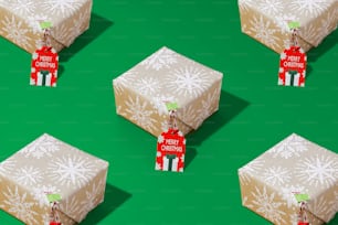 a group of wrapped presents sitting on top of a green surface