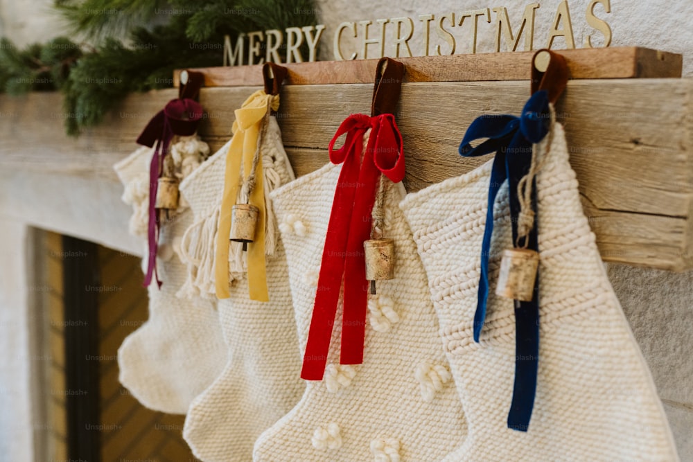 a christmas stocking hanging from a mantle