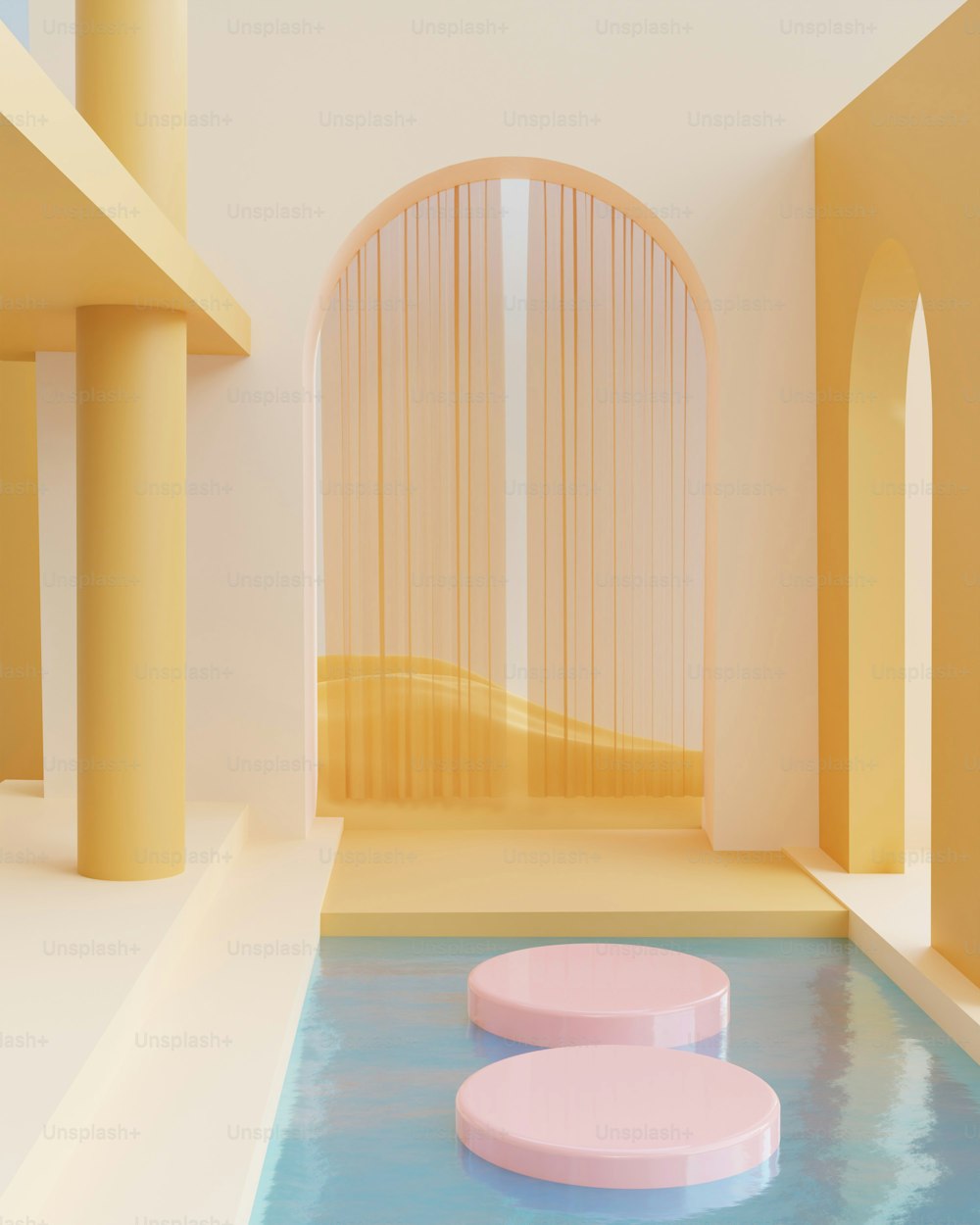 a room with a pool and two pink stools