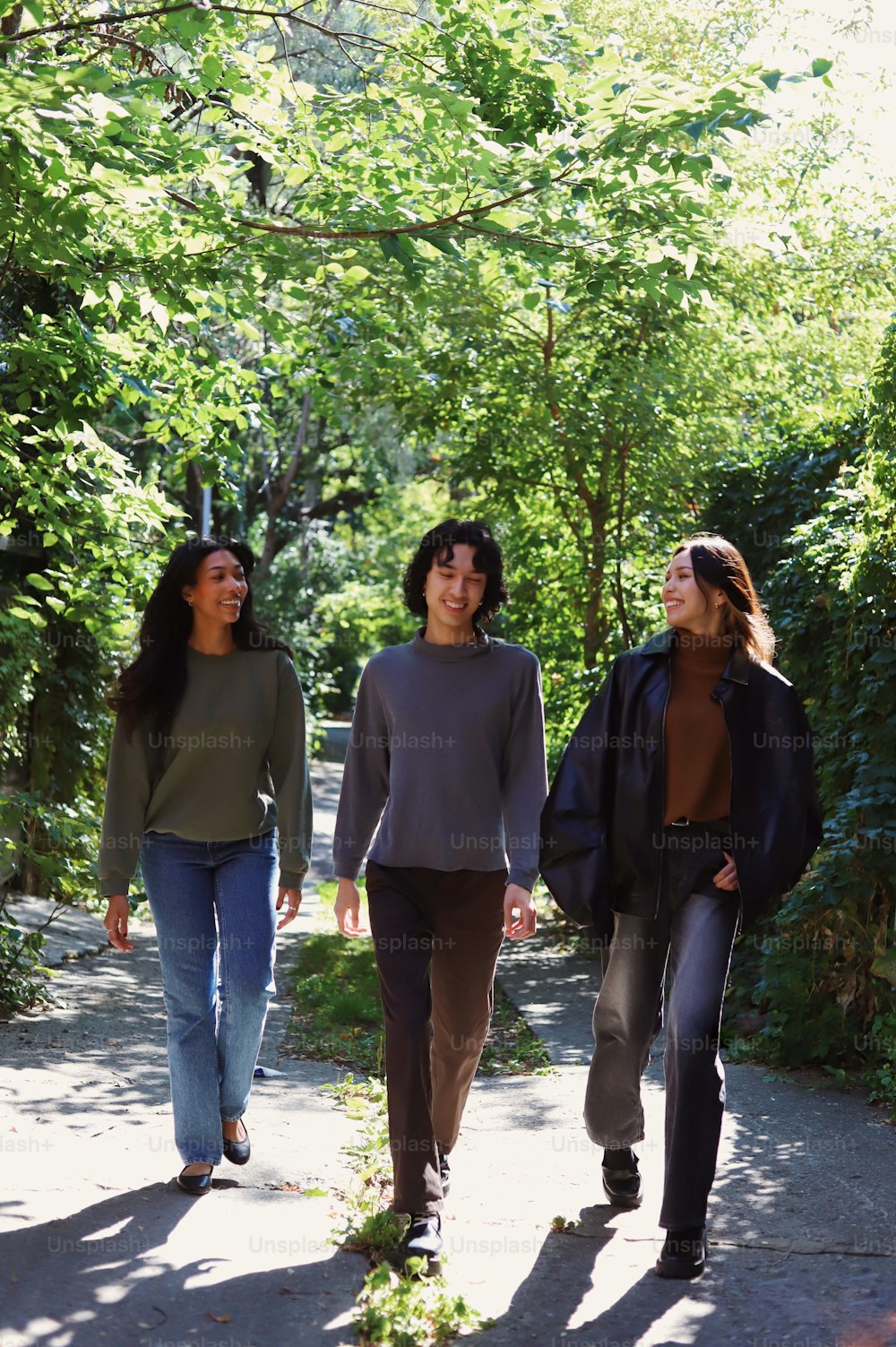 three women walking down a path in the woods