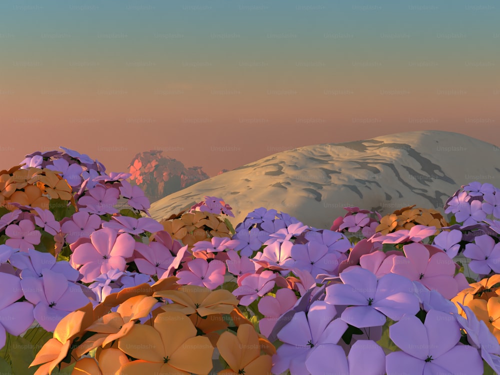 un campo de flores con una montaña al fondo