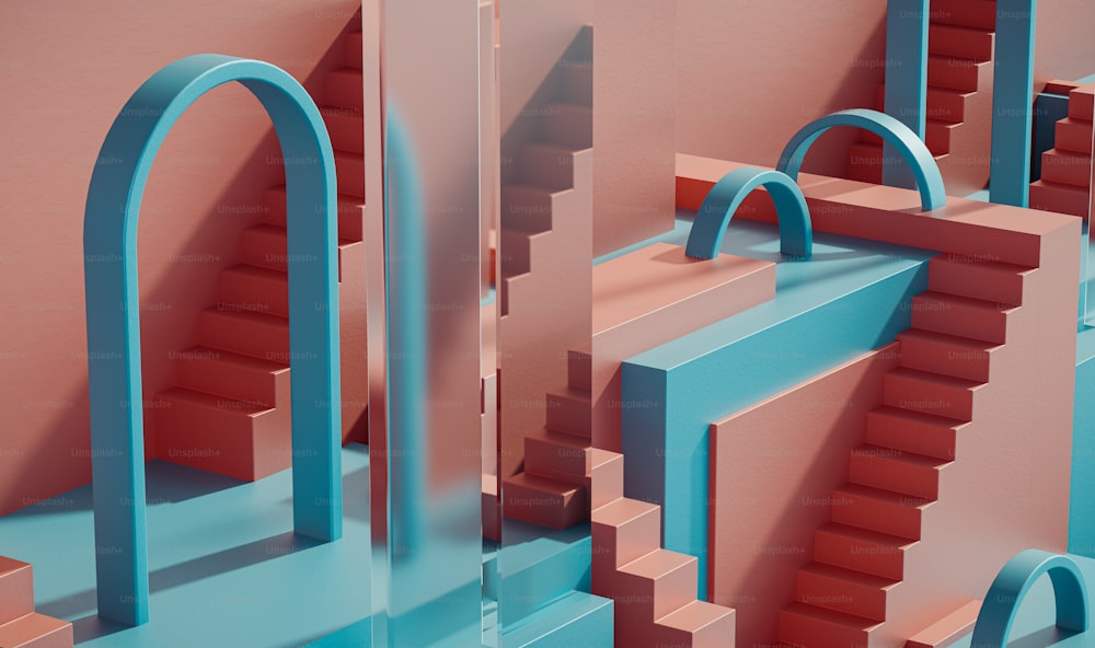 Un rendering 3D di un edificio rosa e blu