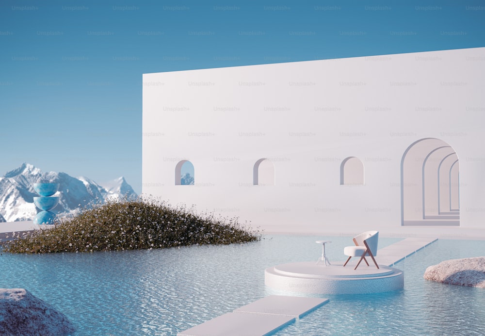 una silla sentada encima de una plataforma blanca junto a una piscina