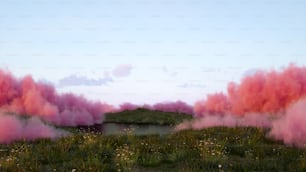 a field with pink smoke coming out of it