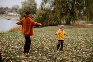 two young children playing with a frisbee in a field