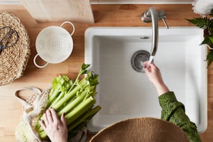 a person washing vegetables in a kitchen sink