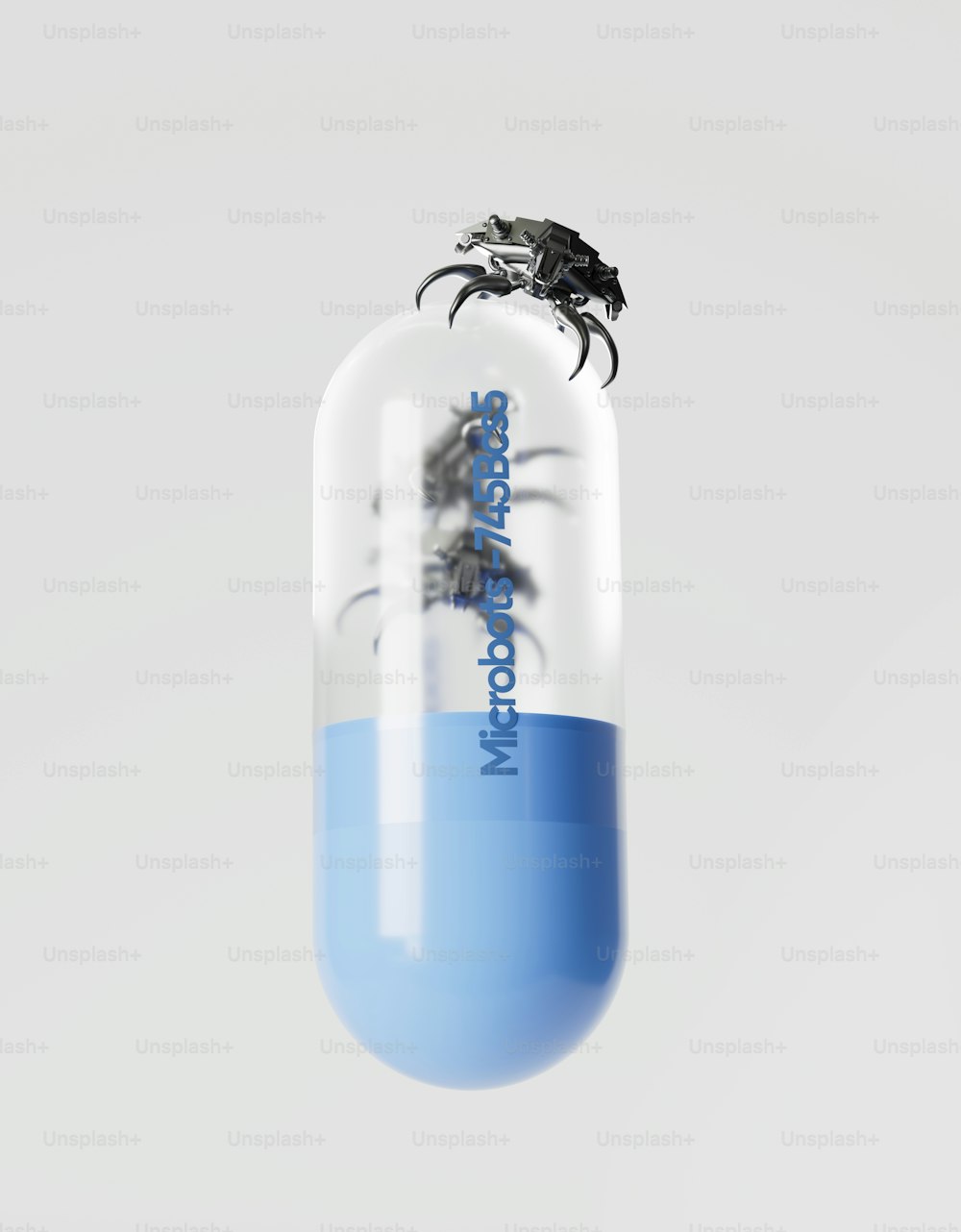 a blue and white pill with a spider on top of it