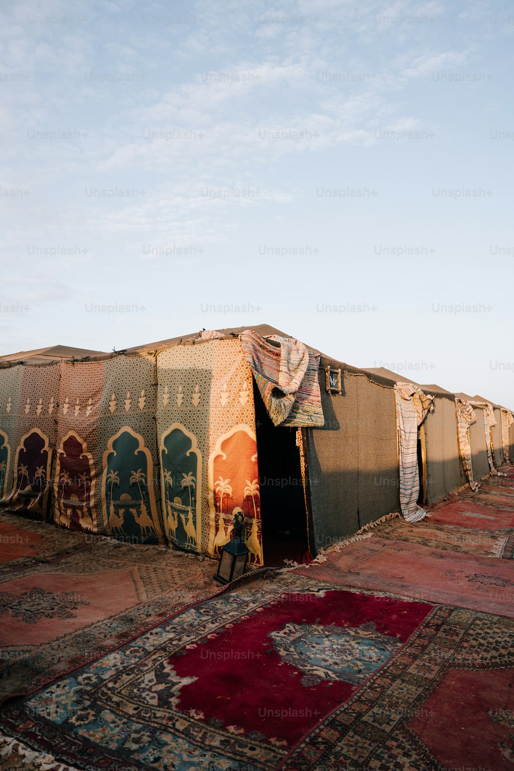 絨毯で覆われた地面の上にテントを張るグループ