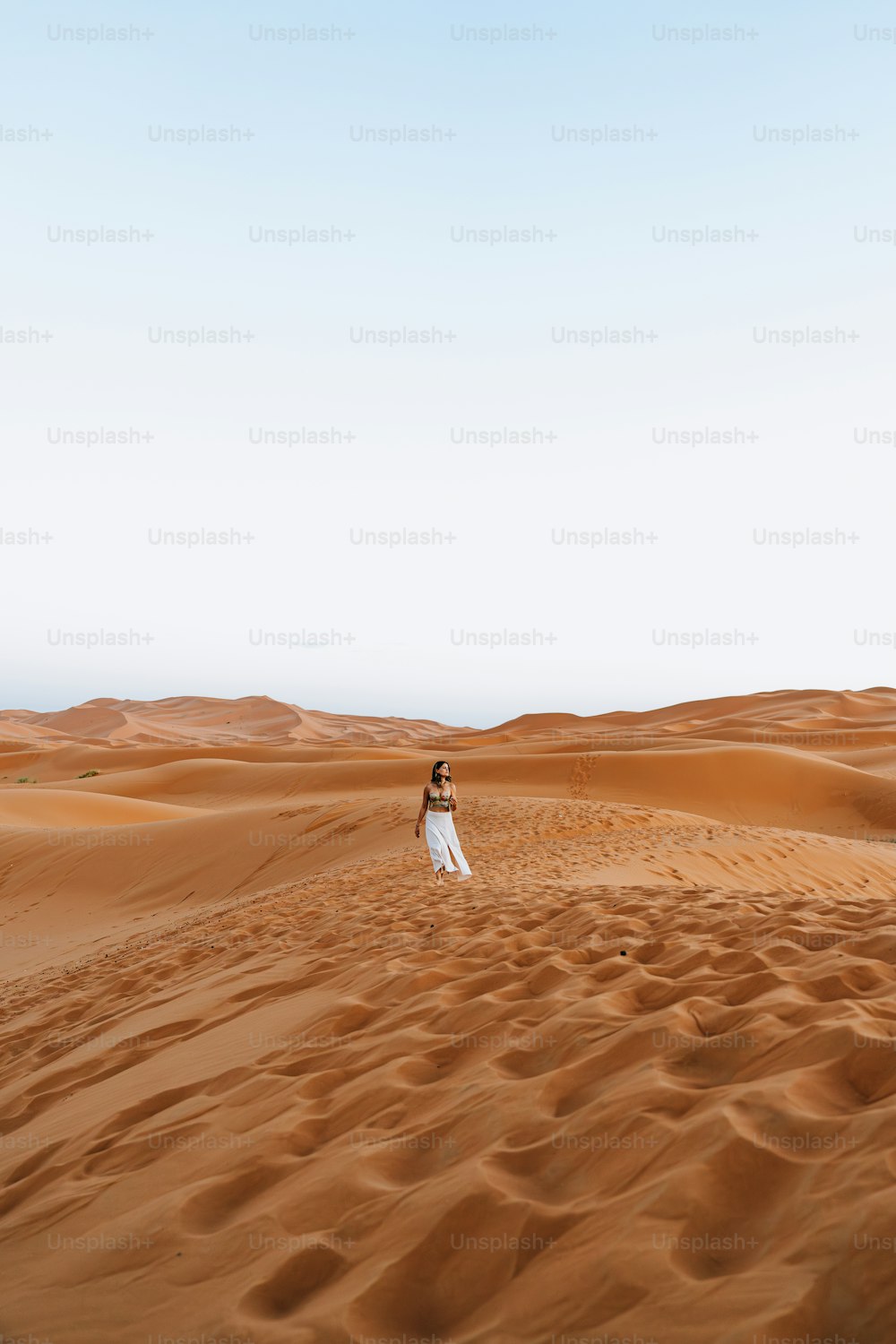 사막 한가운데에 서 있는 여자