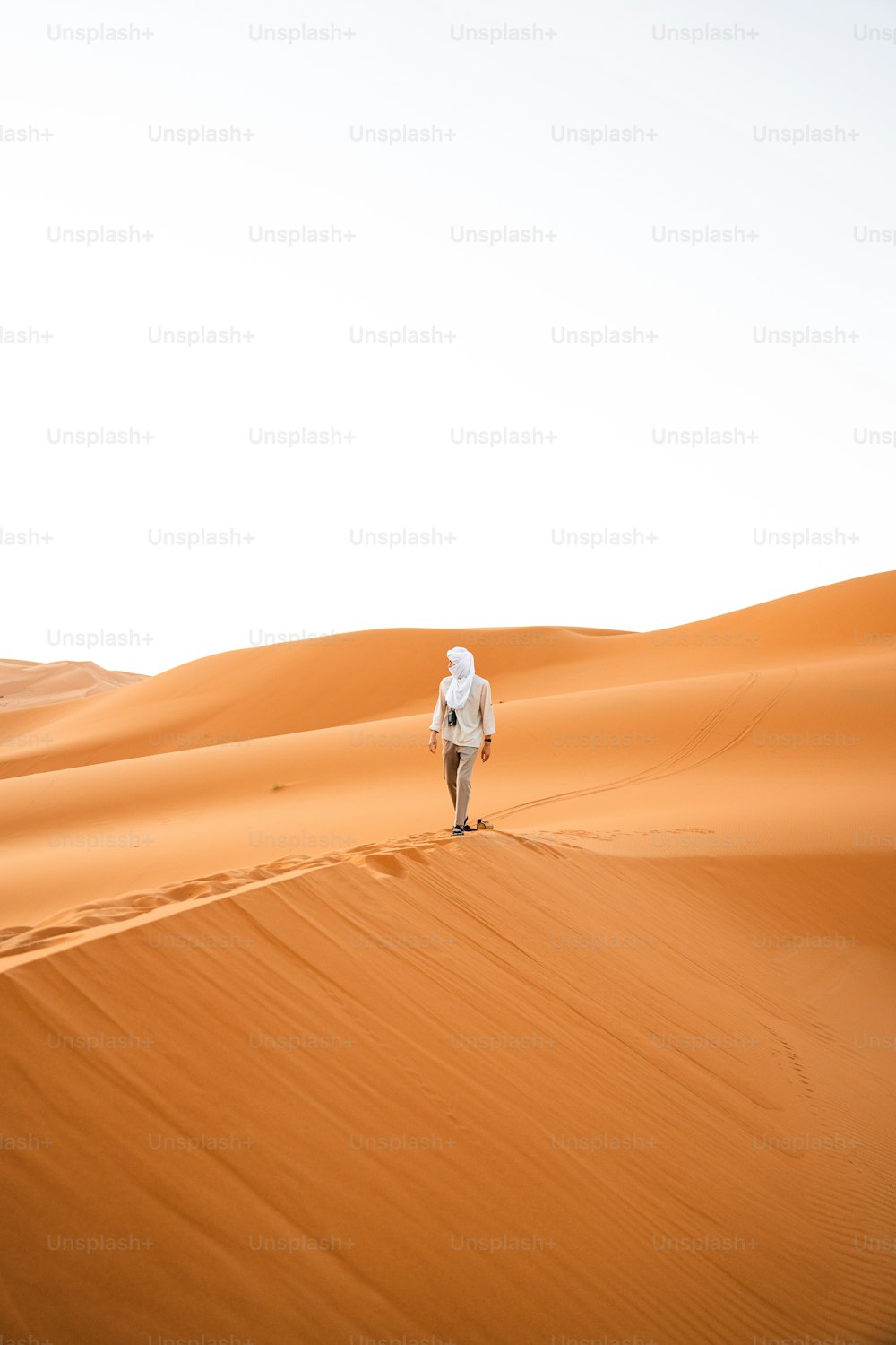 a person walking across a desert with a sky background