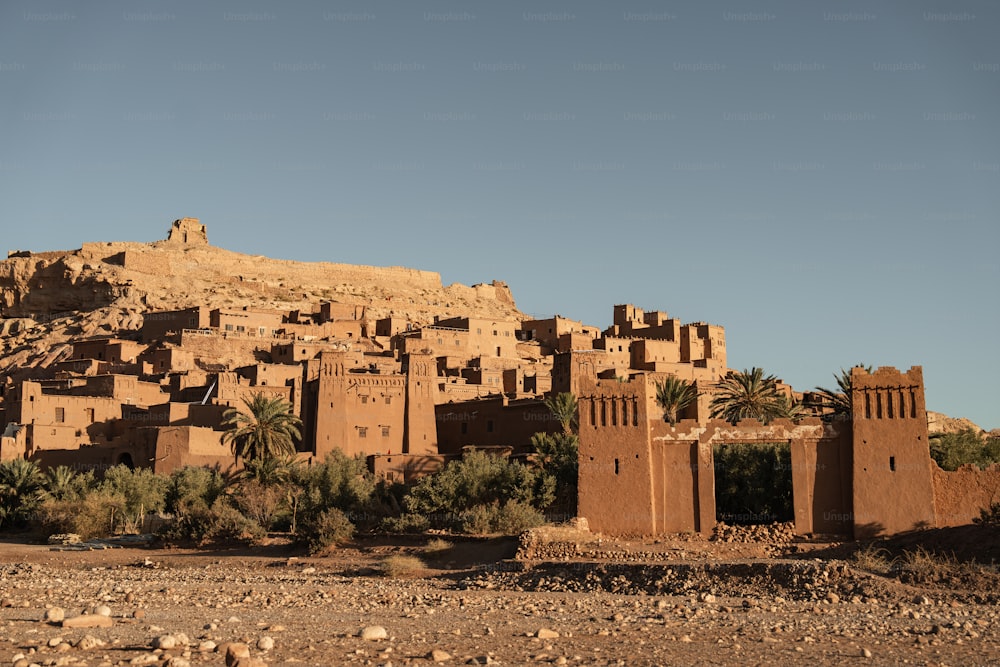 Un village dans le désert avec une montagne en arrière-plan