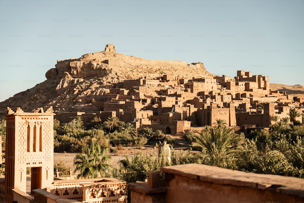 a village in the desert with a mountain in the background