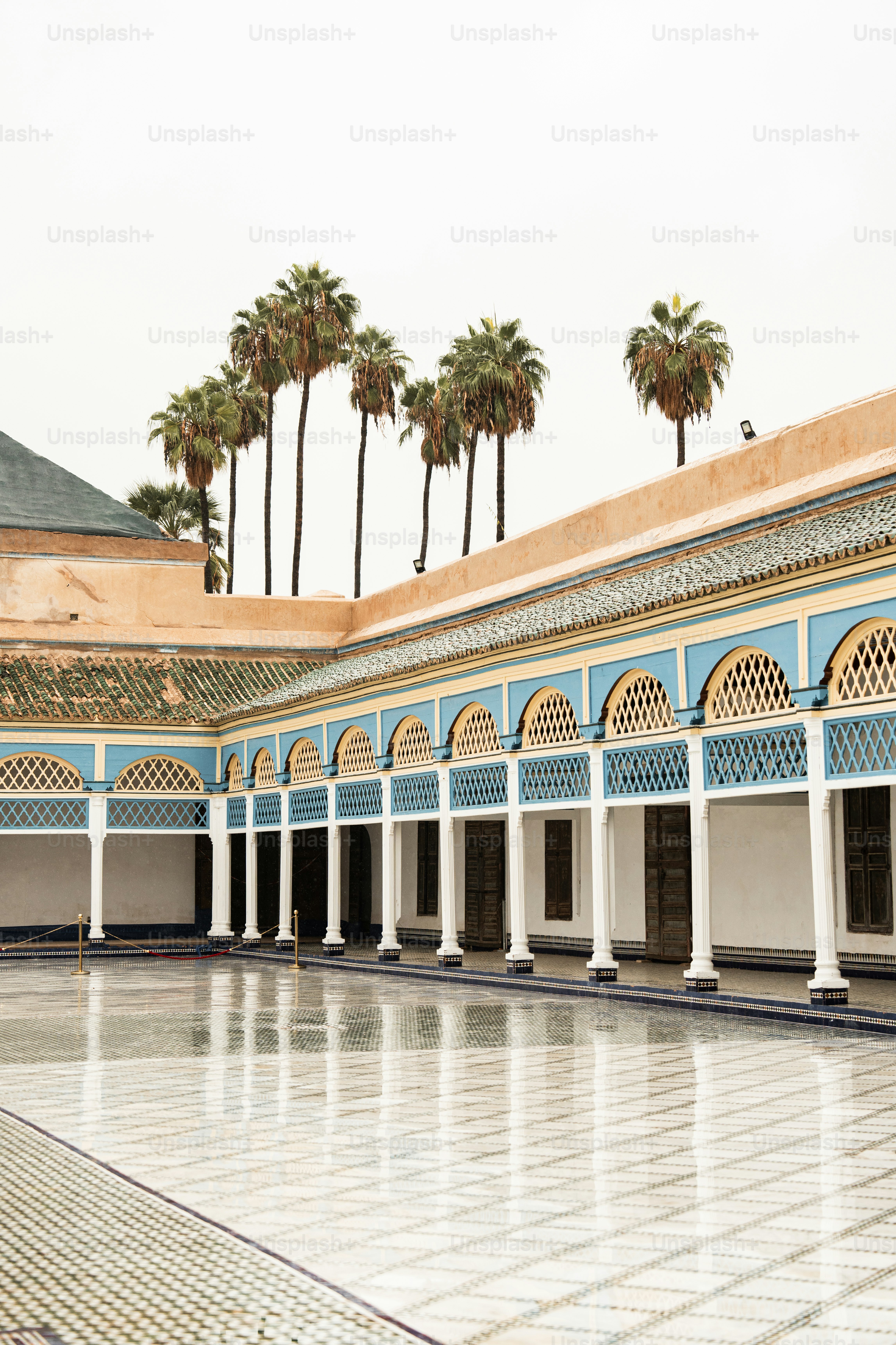 a courtyard with a tiled floor and palm trees