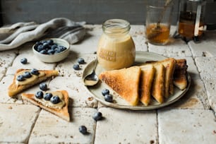 a plate topped with slices of toast and blueberries