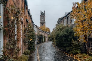 Una calle empedrada con una torre del reloj al fondo
