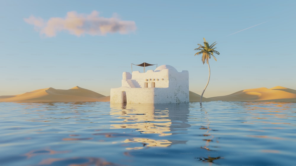 水面に浮かぶ白い家