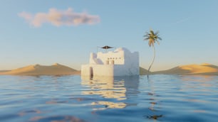 Una casa blanca sentada sobre un cuerpo de agua