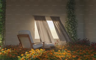 una sedia seduta in mezzo a un campo di fiori