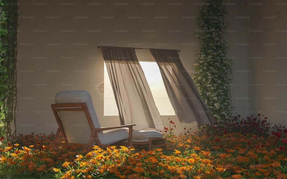 a chair sitting in the middle of a field of flowers