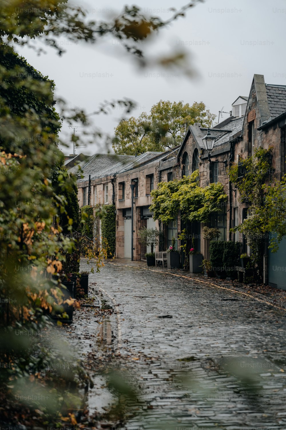 a cobblestone street with a row of old buildings