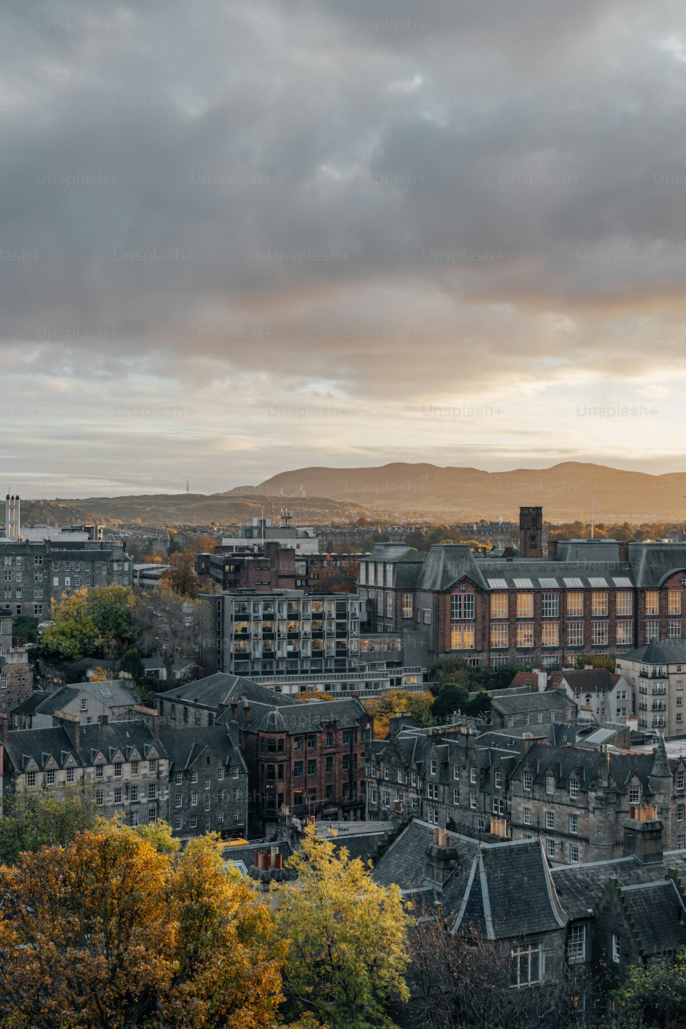 a view of a city with buildings and mountains in the background