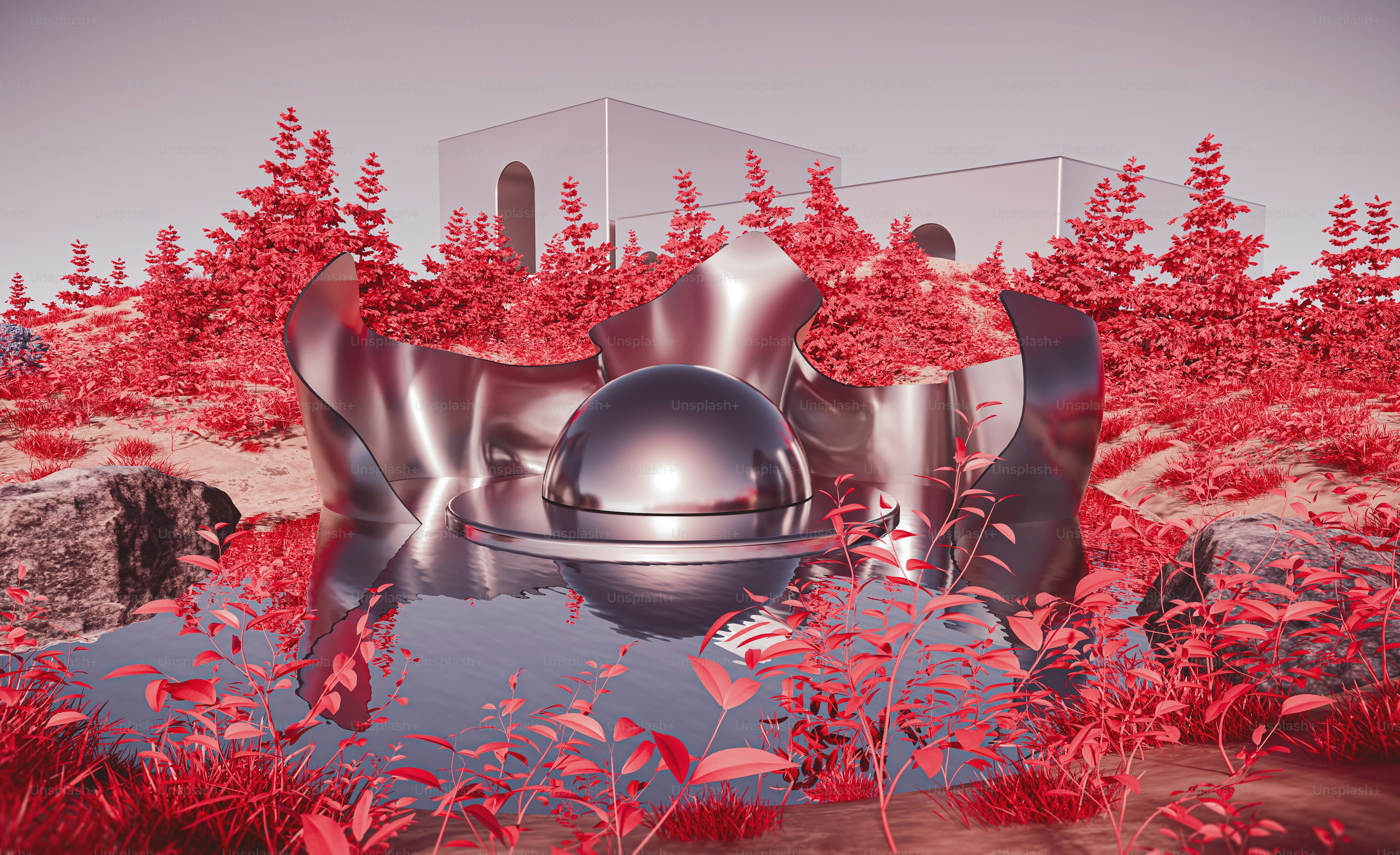 A digital painting of a futuristic object in the middle of a field ...