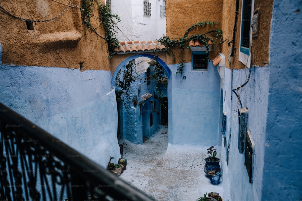 a narrow alleyway with blue walls and a wrought iron railing