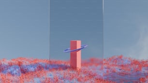 Um objeto azul e vermelho está no meio de um campo