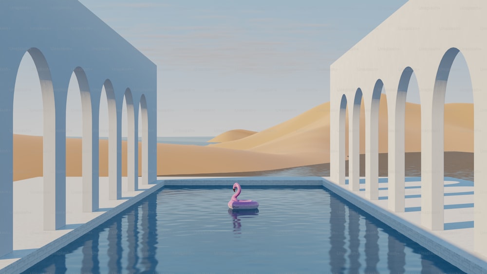 a painting of a pink flamingo floating in a pool of water