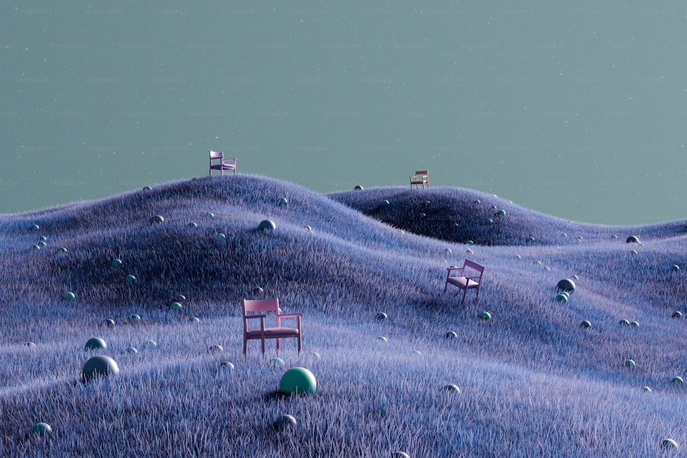 a painting of two chairs sitting on top of a hill