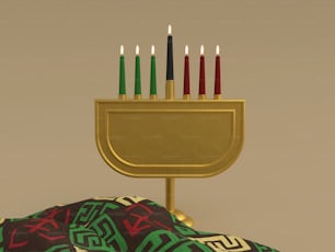 a golden menorah with seven candles on it