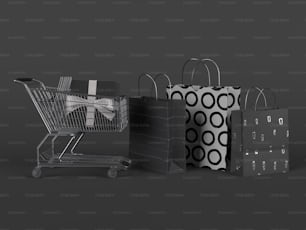 ein Einkaufswagen und drei Einkaufstaschen auf grauem Hintergrund