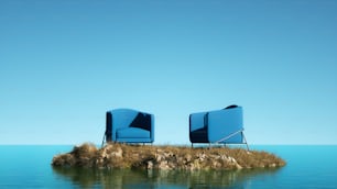 a couple of blue chairs sitting on top of a small island