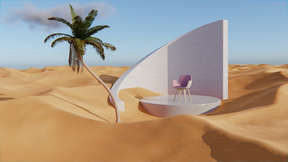 a chair and a palm tree in the desert