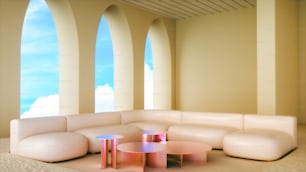 a room with a couch, tables, and arches