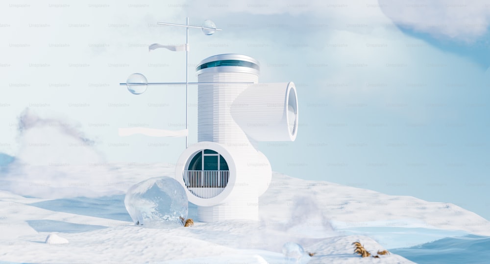 a futuristic building on a snowy mountain with a sky background