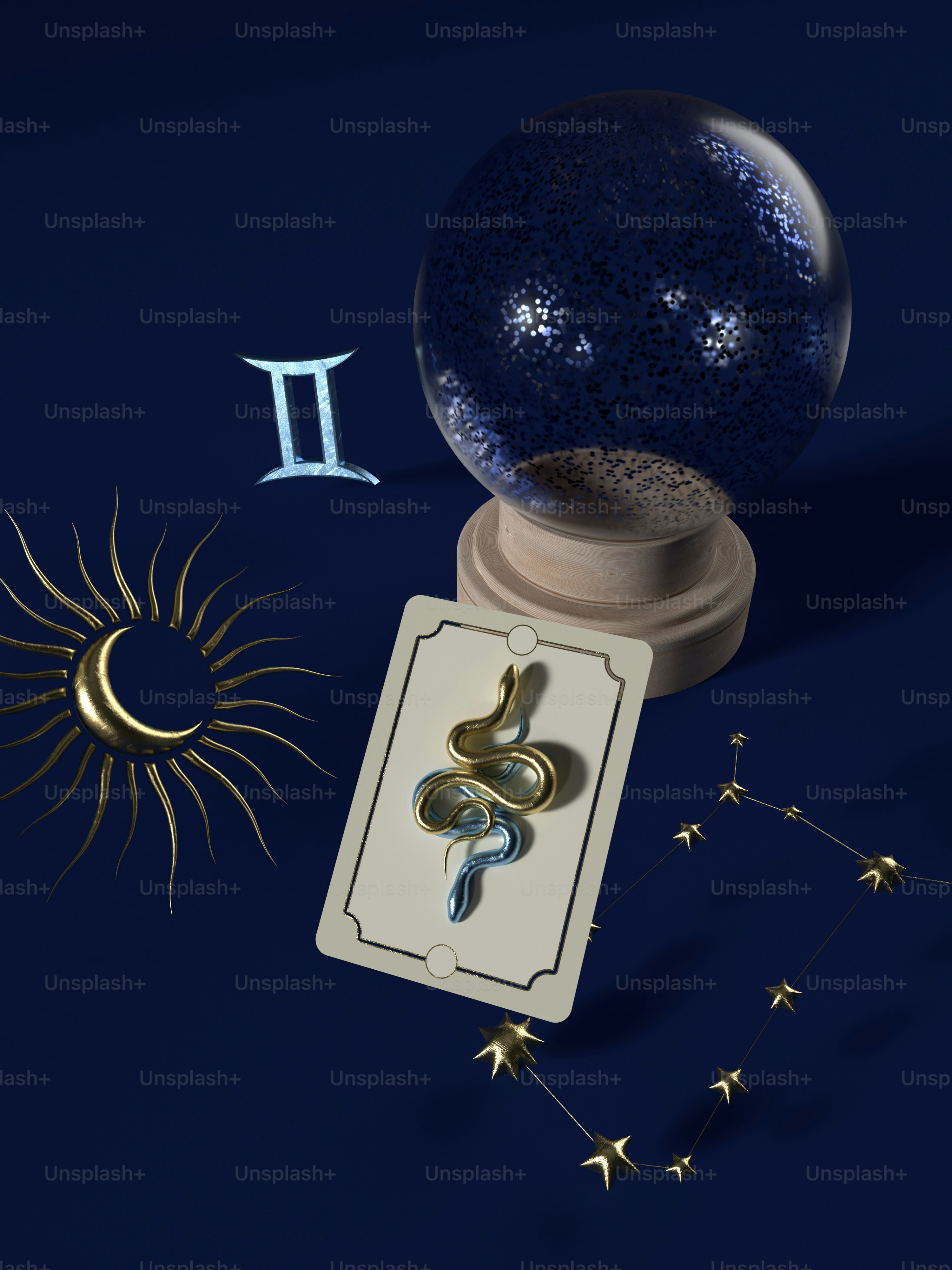 a blue background with a card and a sun