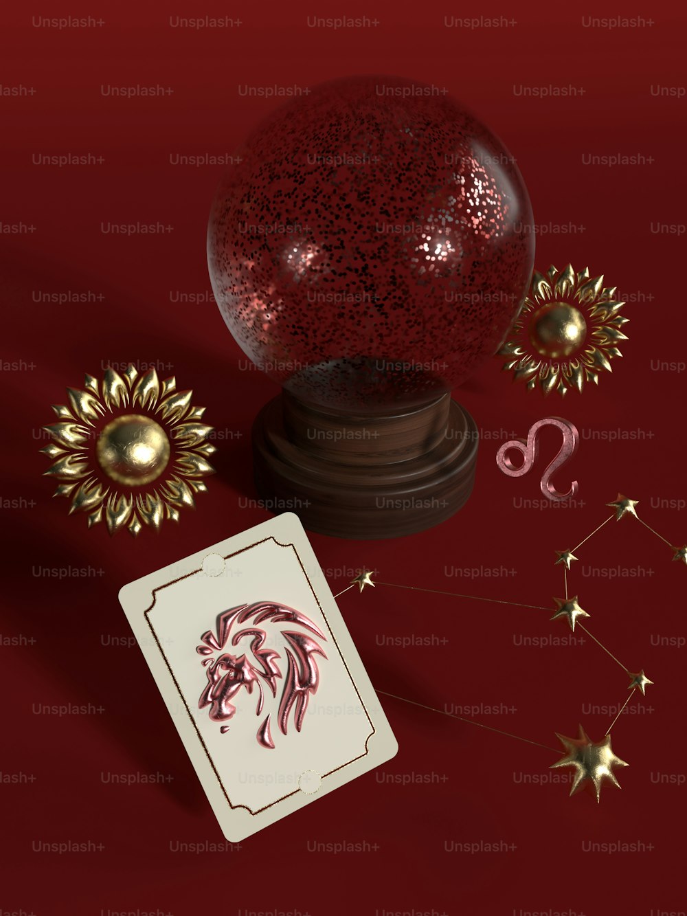 uma mesa vermelha coberta com uma bola vermelha e um cartão
