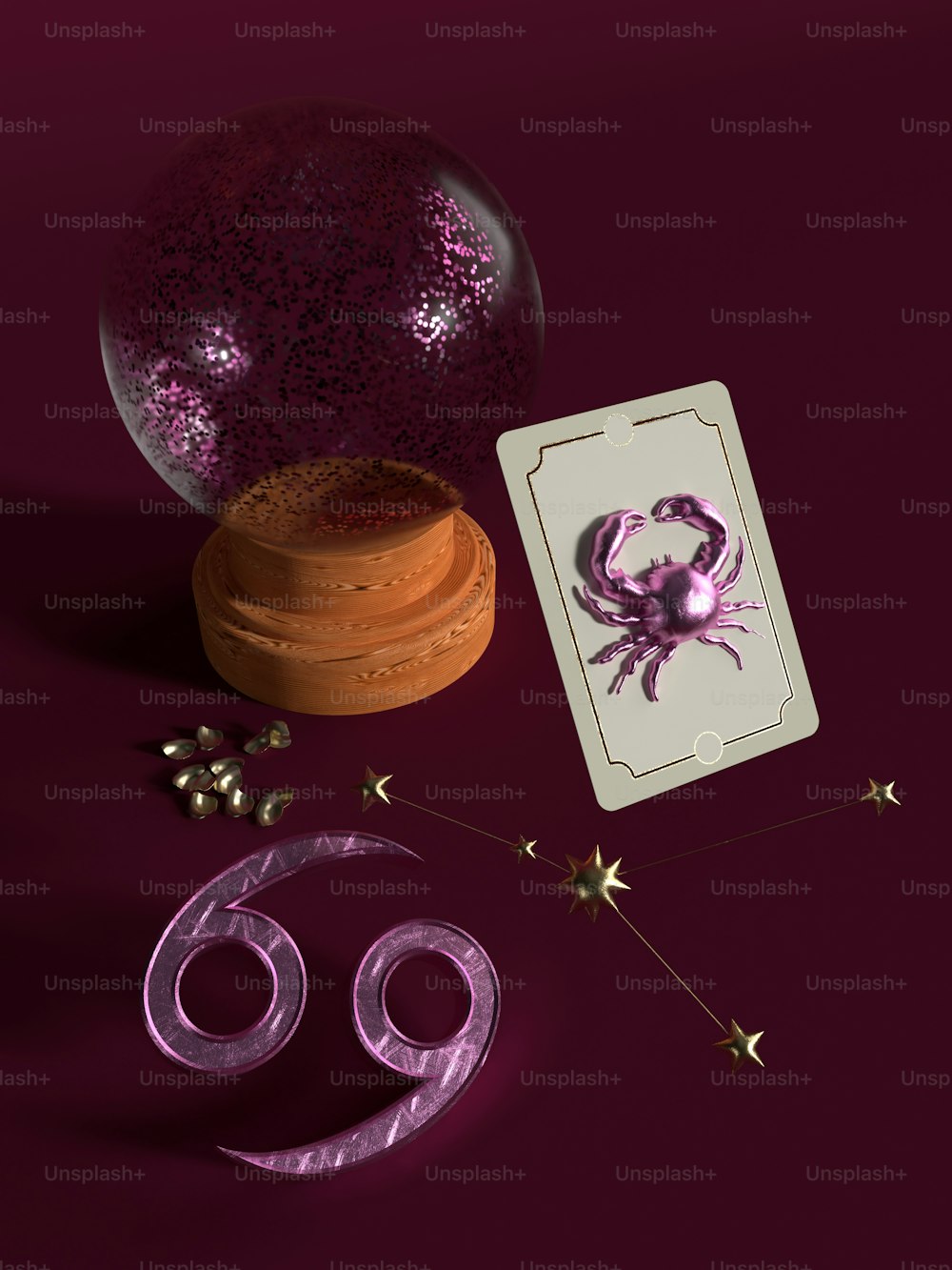 a purple table topped with a card next to a purple object
