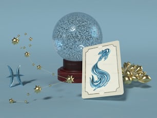 a snow globe with a card next to it