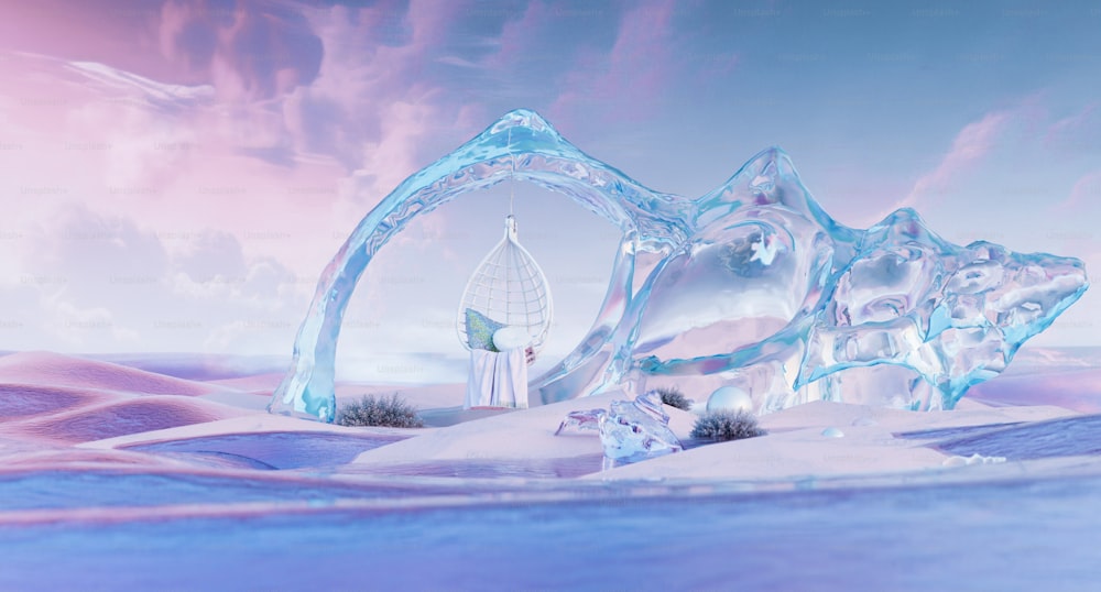 눈 덮인 들판 위에 앉아있는 큰 얼음 조각