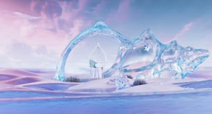 une grande sculpture de glace posée au sommet d’un champ enneigé
