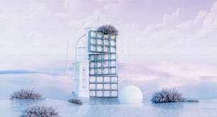 uma imagem gerada por computador de um prédio alto com plantas crescendo a partir dele
