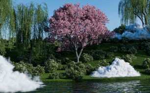 a painting of a pink tree on a green hillside