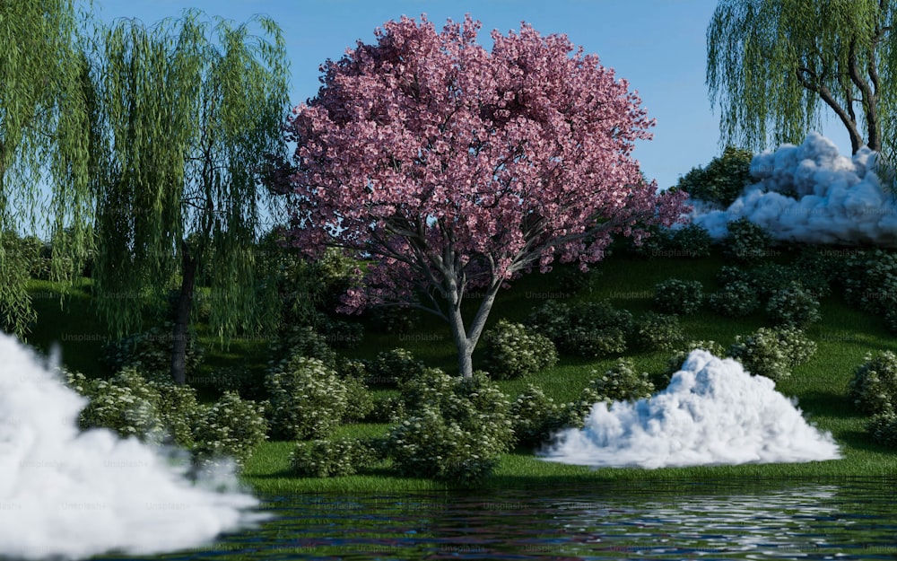 a painting of a pink tree on a green hillside