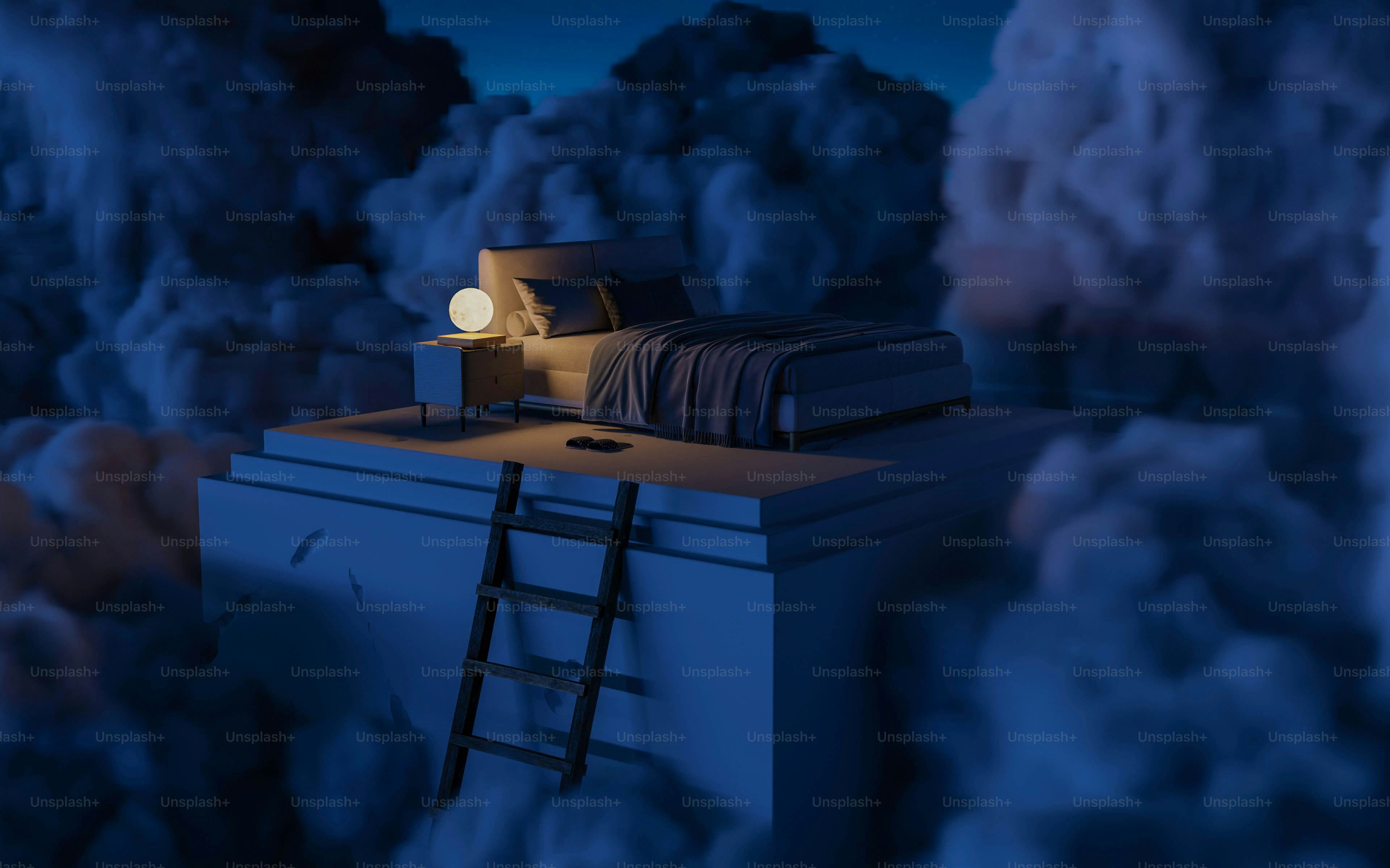 a bed sitting on top of a dresser next to a ladder