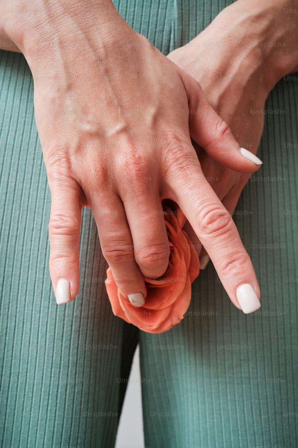 a close up of a person's hands holding a flower