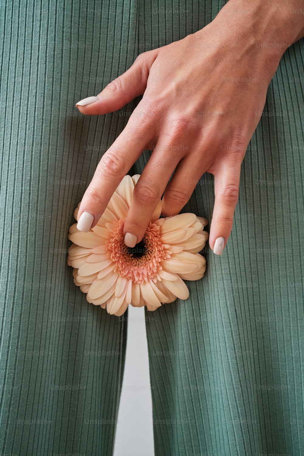 la mano de una mujer sosteniendo una flor en sus pantalones