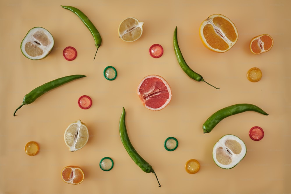 a group of fruits and vegetables cut in half